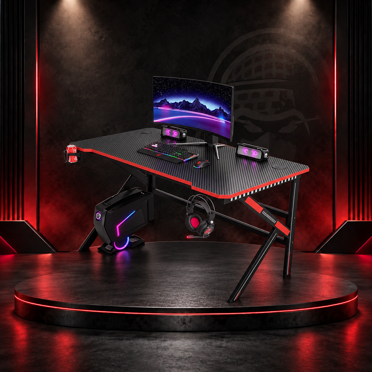 CS-DSK08 CHATTY K-Shaped Gaming Desk 160cm with Carbon Fiber Top, Cup Holder & Headphone Hook