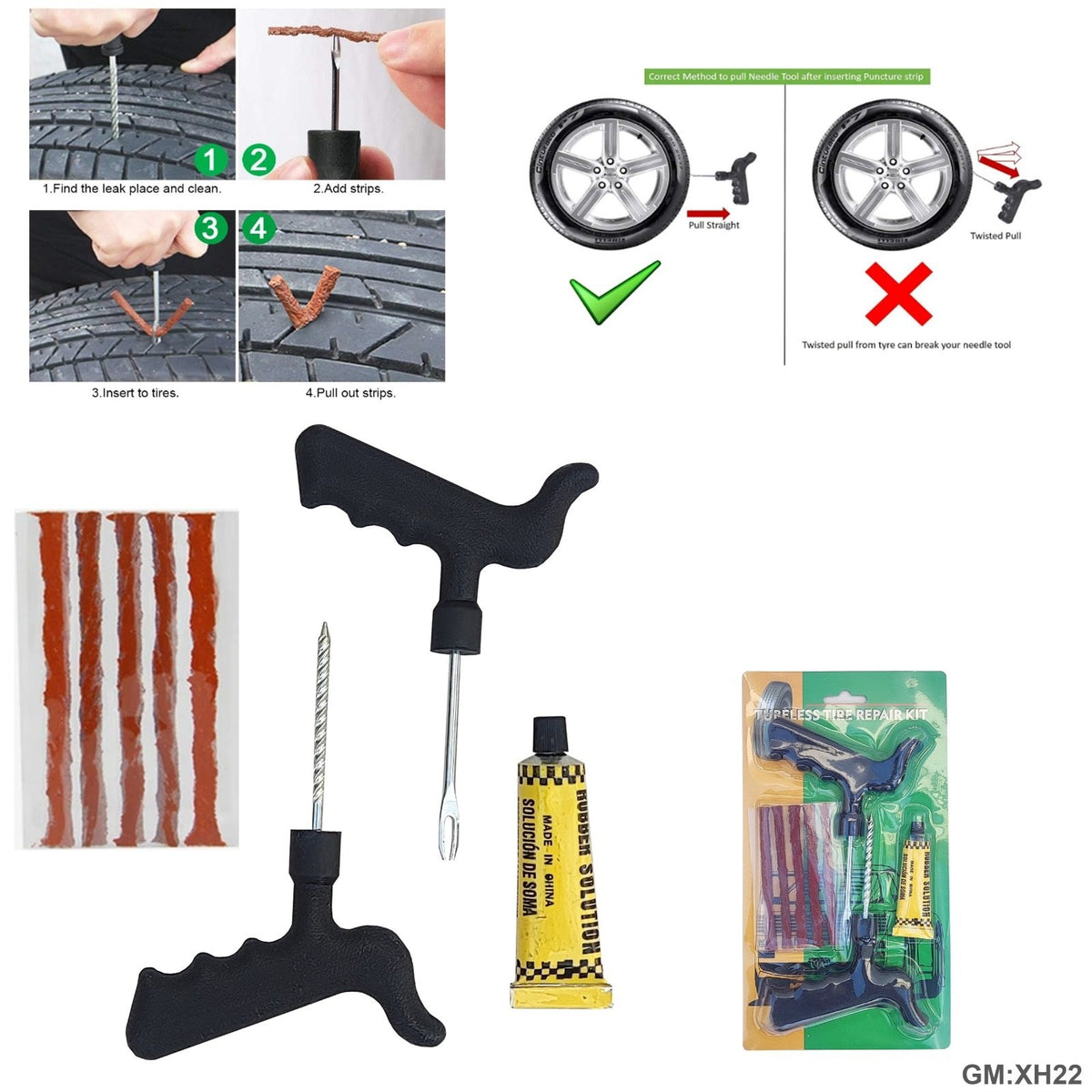 Emergency Tubeless Tyre Puncture Repair Kit with 5 Seal Strips "xh22"